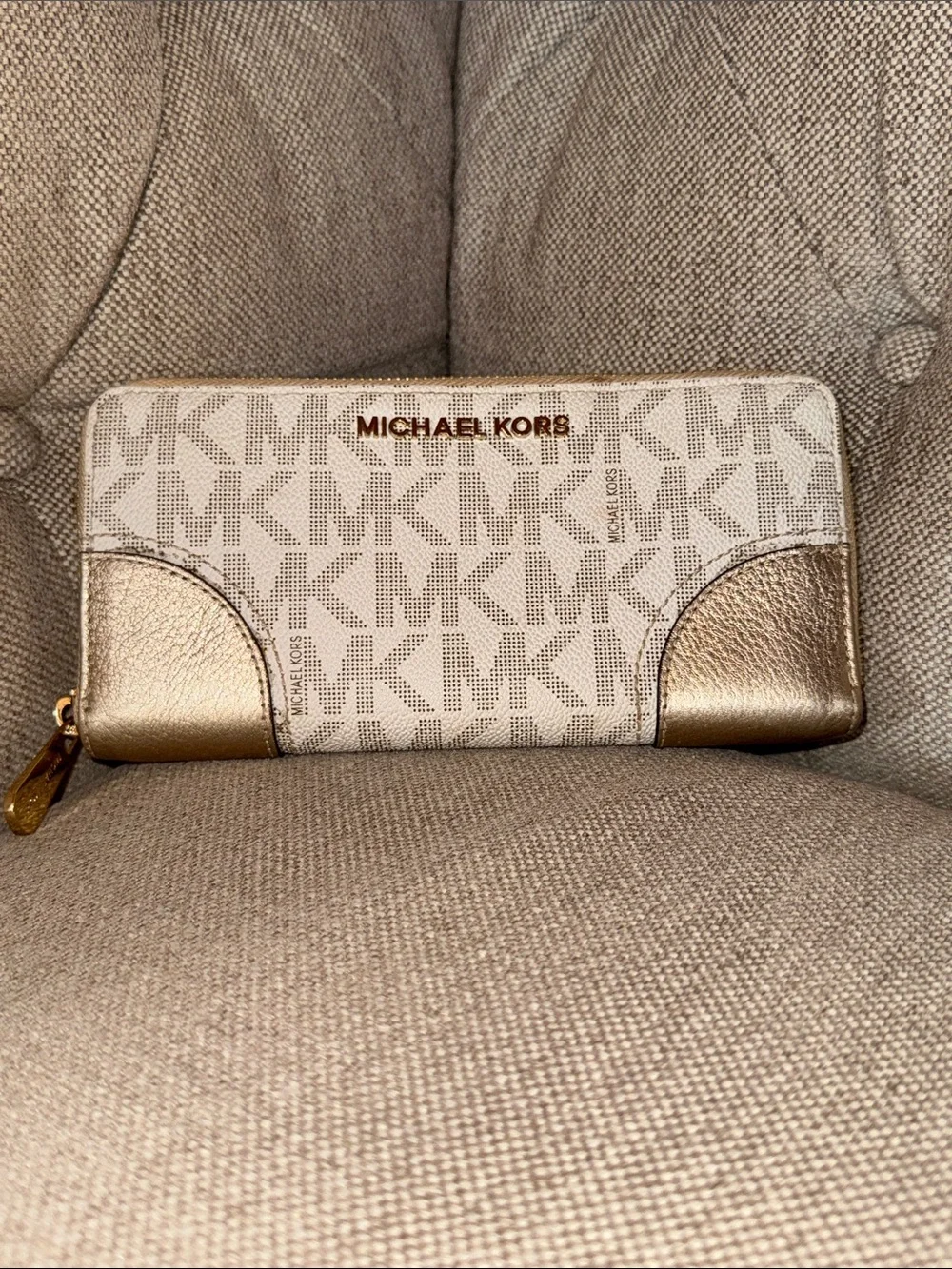 Michael Kors Cream Monogram Zip Wallet with Gold Accents